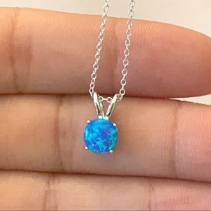 Sterling Silver Dainty Blue Opal Pendant Necklace